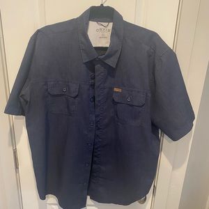 Orvis Men’s XL Chambray Navy Short-Sleeved Polyester Work Shirt Double Pockets